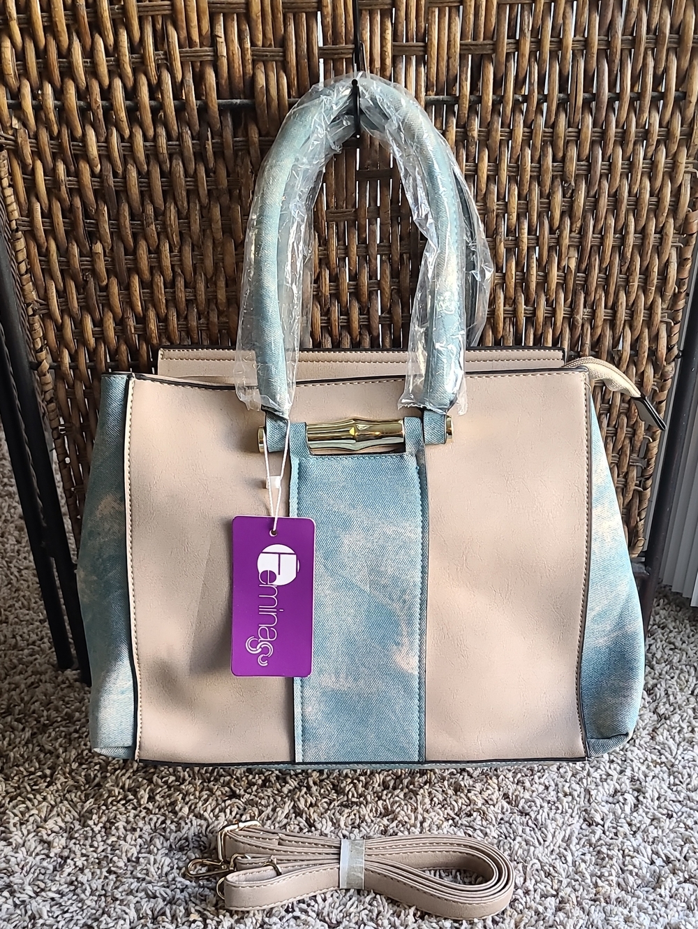 Structured Cream & Light Blue Satchel Handbag with Shoulder Strap